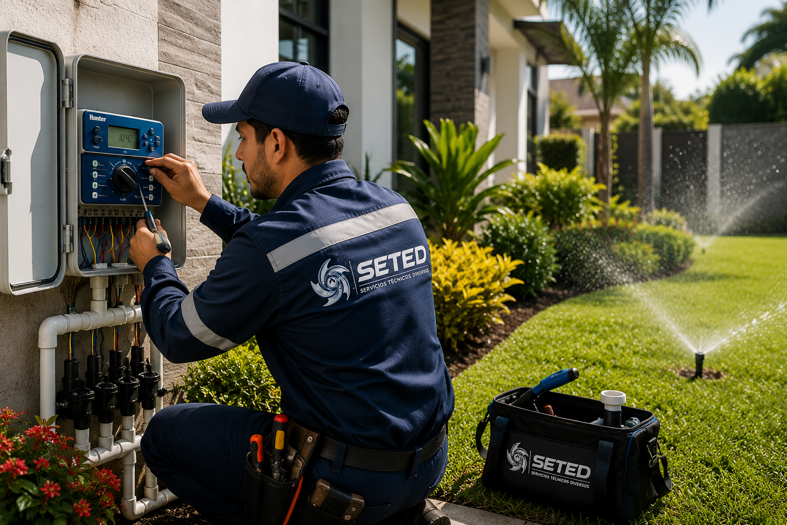 Técnico de SETED trabajando en un sistema de riego residencial