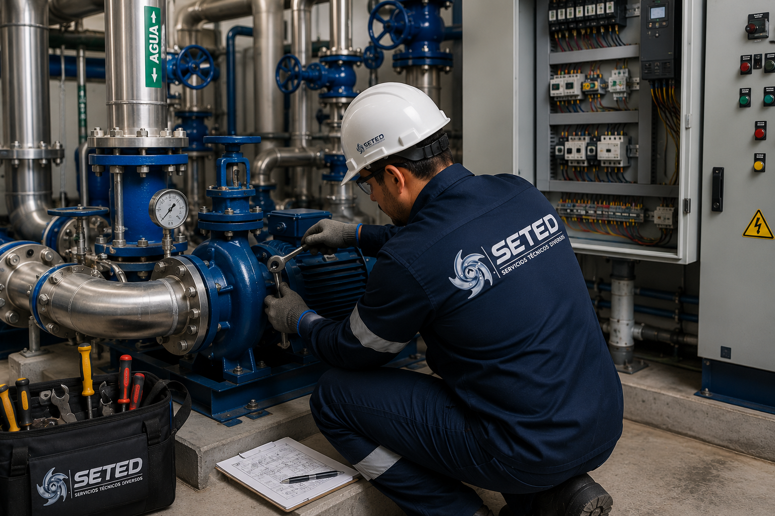 Técnico de SETED realizando mantenimiento en un sistema de bombeo