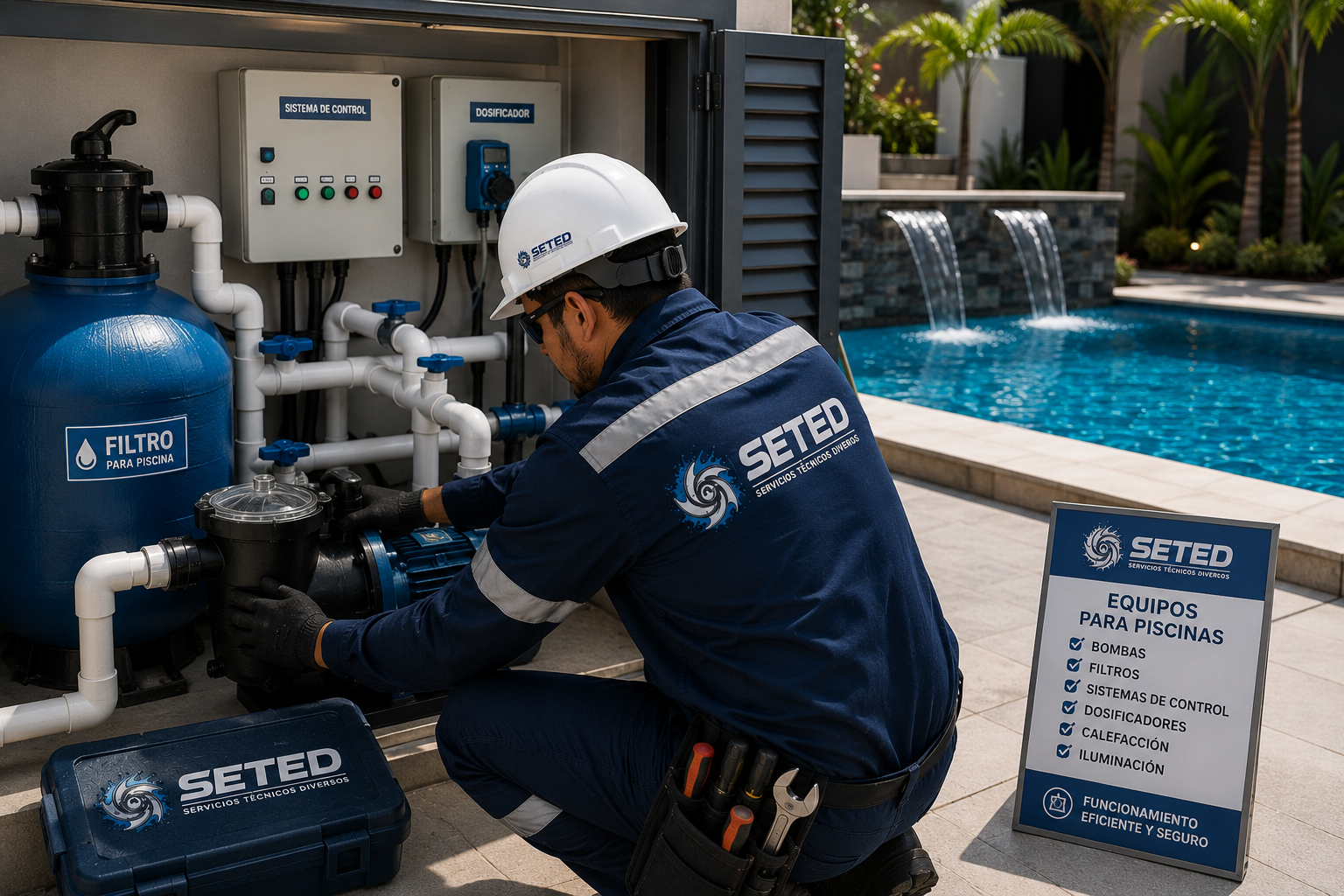 Técnico trabajando con equipos para piscinas