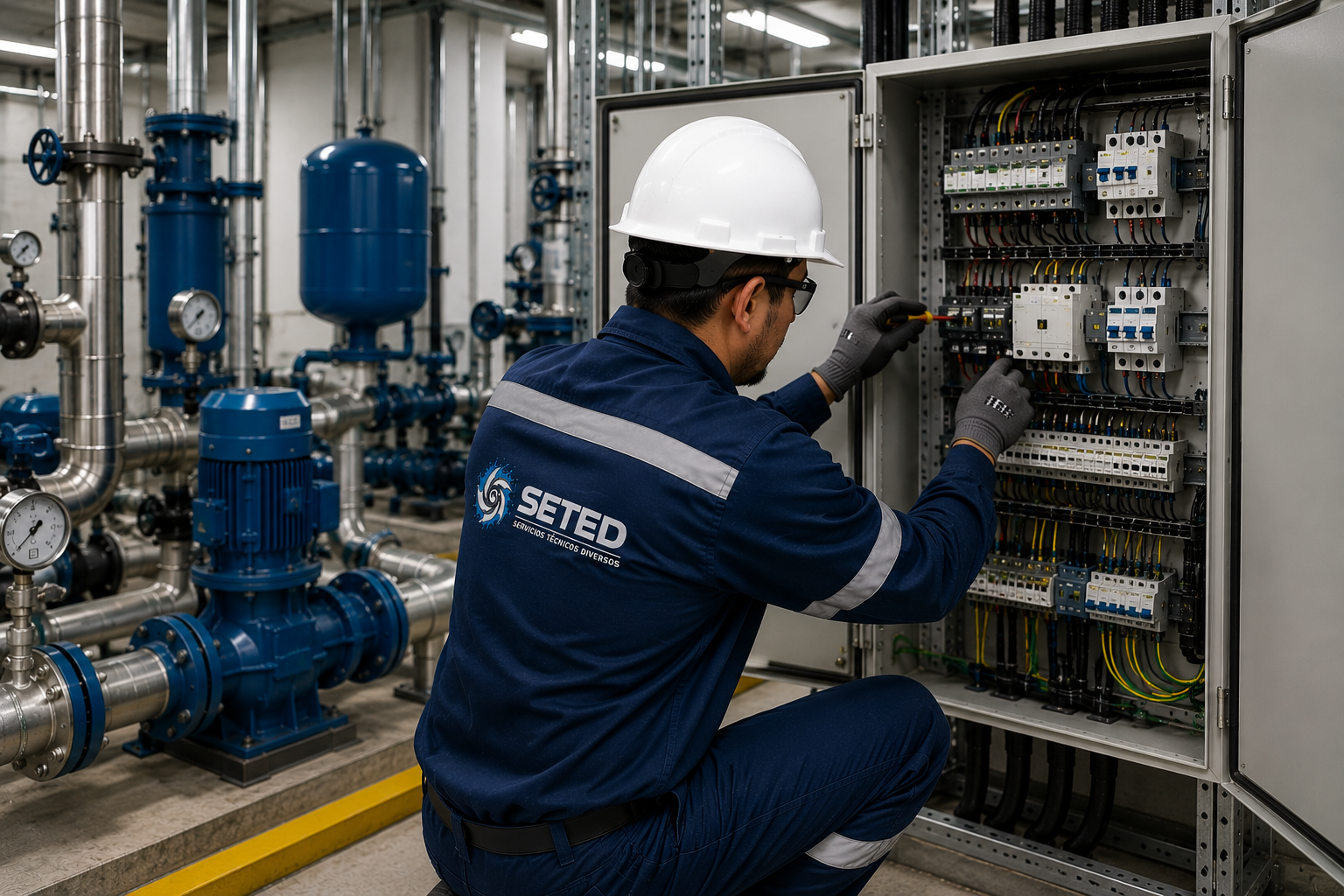 Técnico realizando una instalación electromecánica