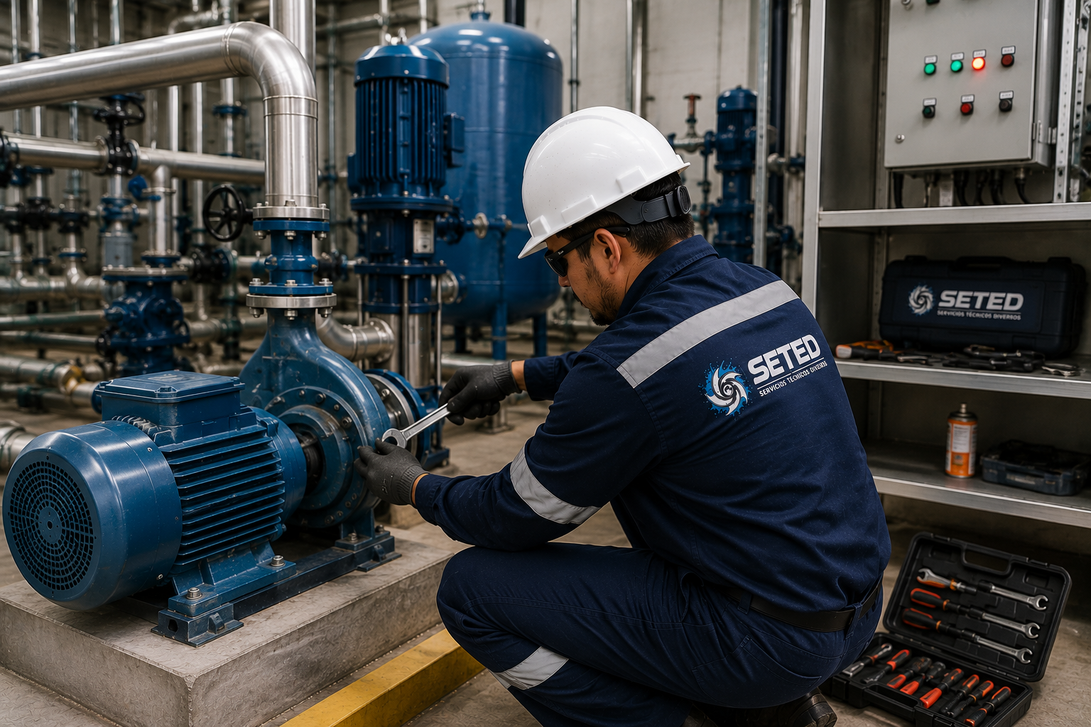 Técnico realizando mantenimiento preventivo a un sistema de bombeo
