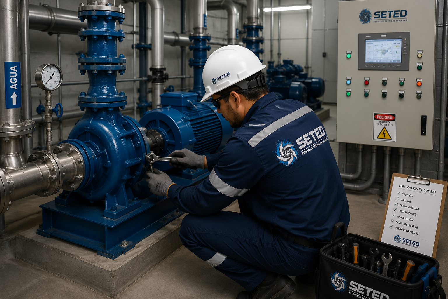 Técnico de SETED trabajando en un sistema de bombeo