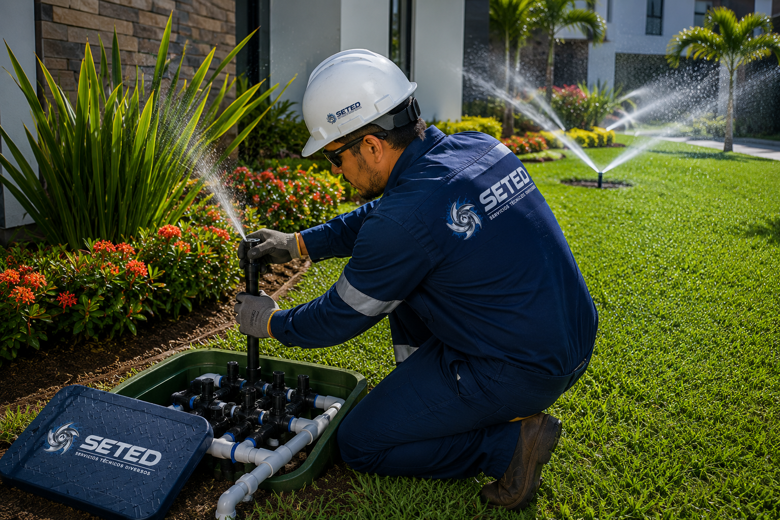 Técnico de SETED trabajando en un sistema de riego residencial